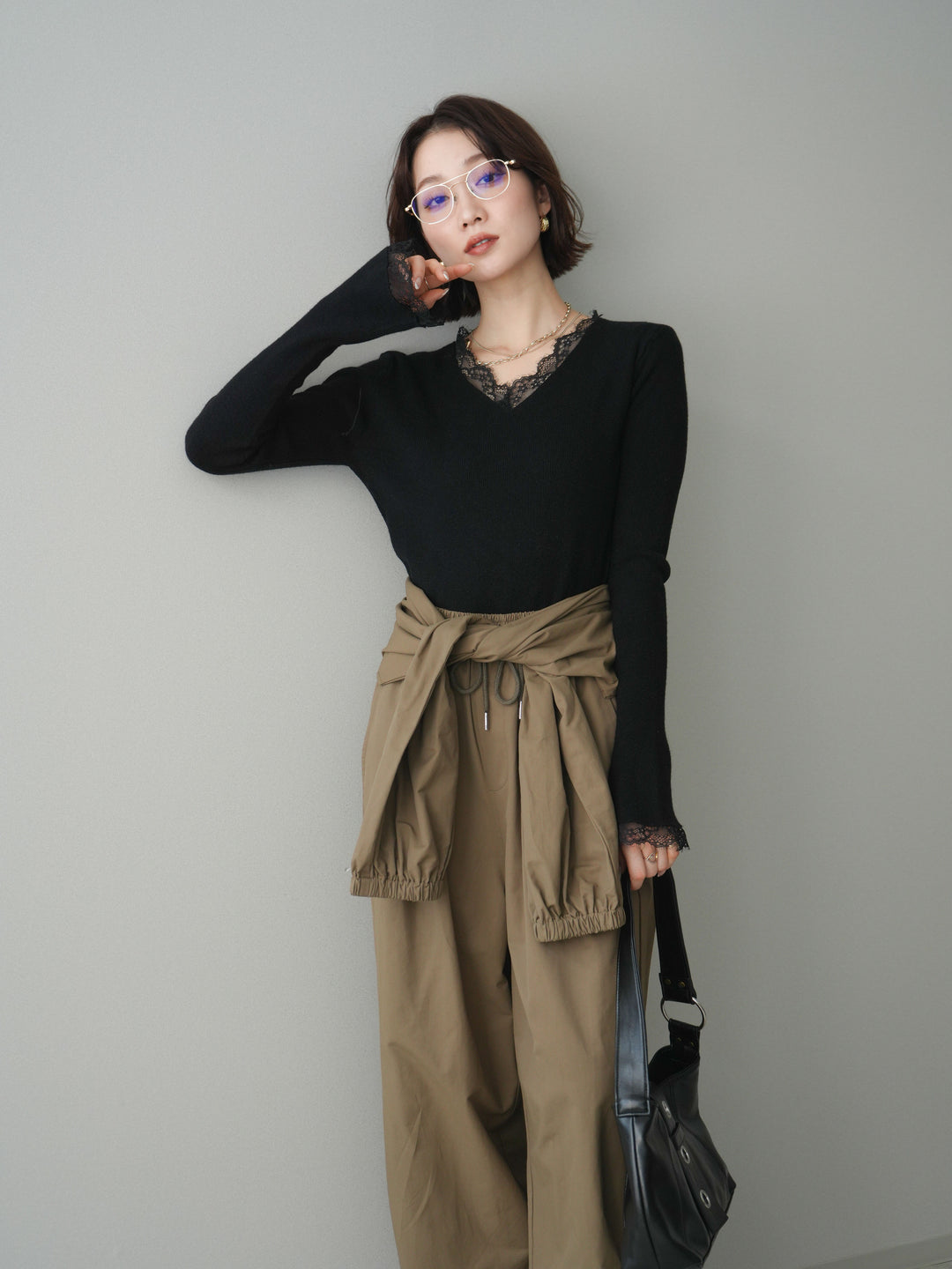 [SET]レースドッキングVネックニットトップス+レースドッキングVネックニットトップス(2set)