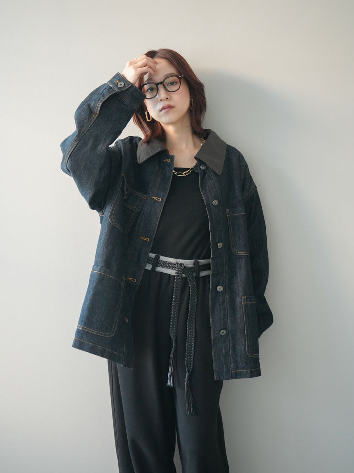 [SET]裏地ファーデニムフライトジャケット+編み込みベルト付きウエスト配色スエットパンツ(2set)