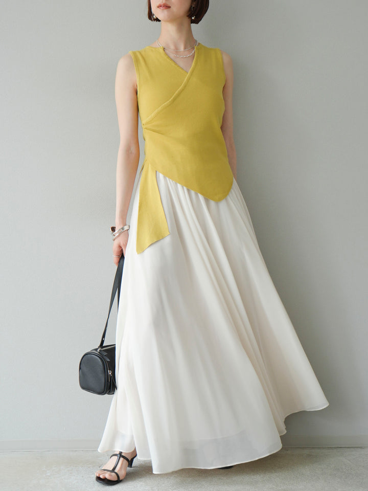 [SET]カシュクールノースリーブニットトップス+シフォンフレアスカート(2set)