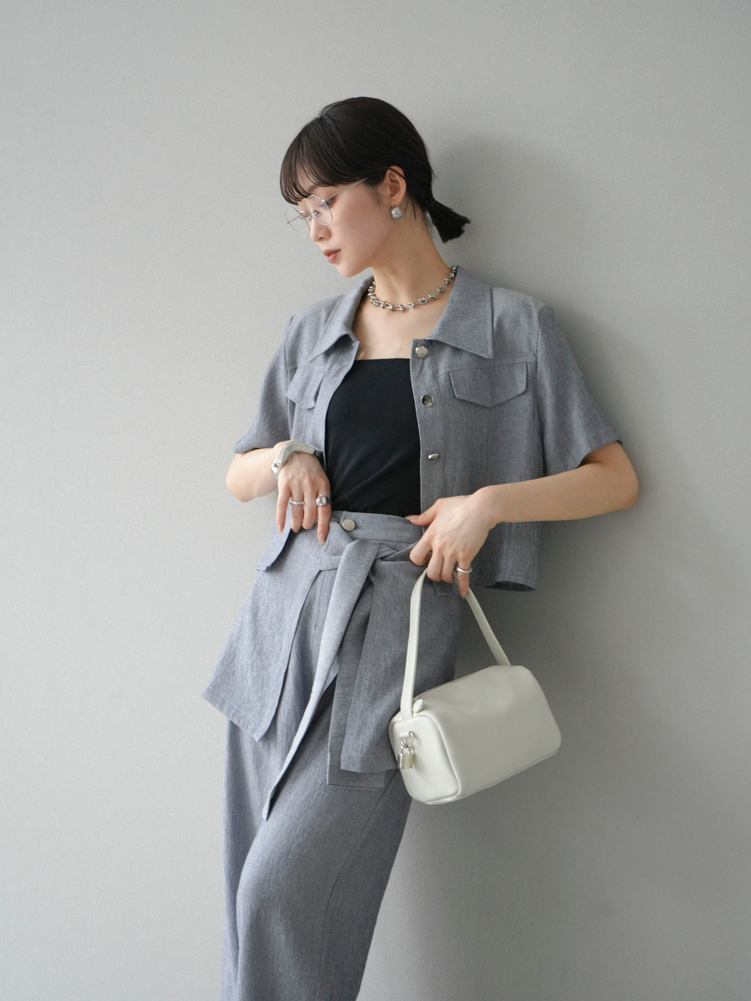 [SET]リネンタッチハーフシャツ＆ラップワイドパンツSET UP(2set)