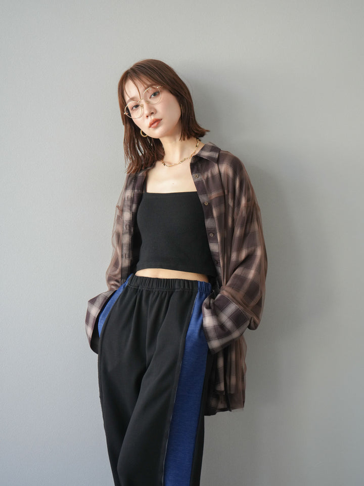 [予約]チュールドッキングチェック柄オーバーサイズシャツ/ブラウン