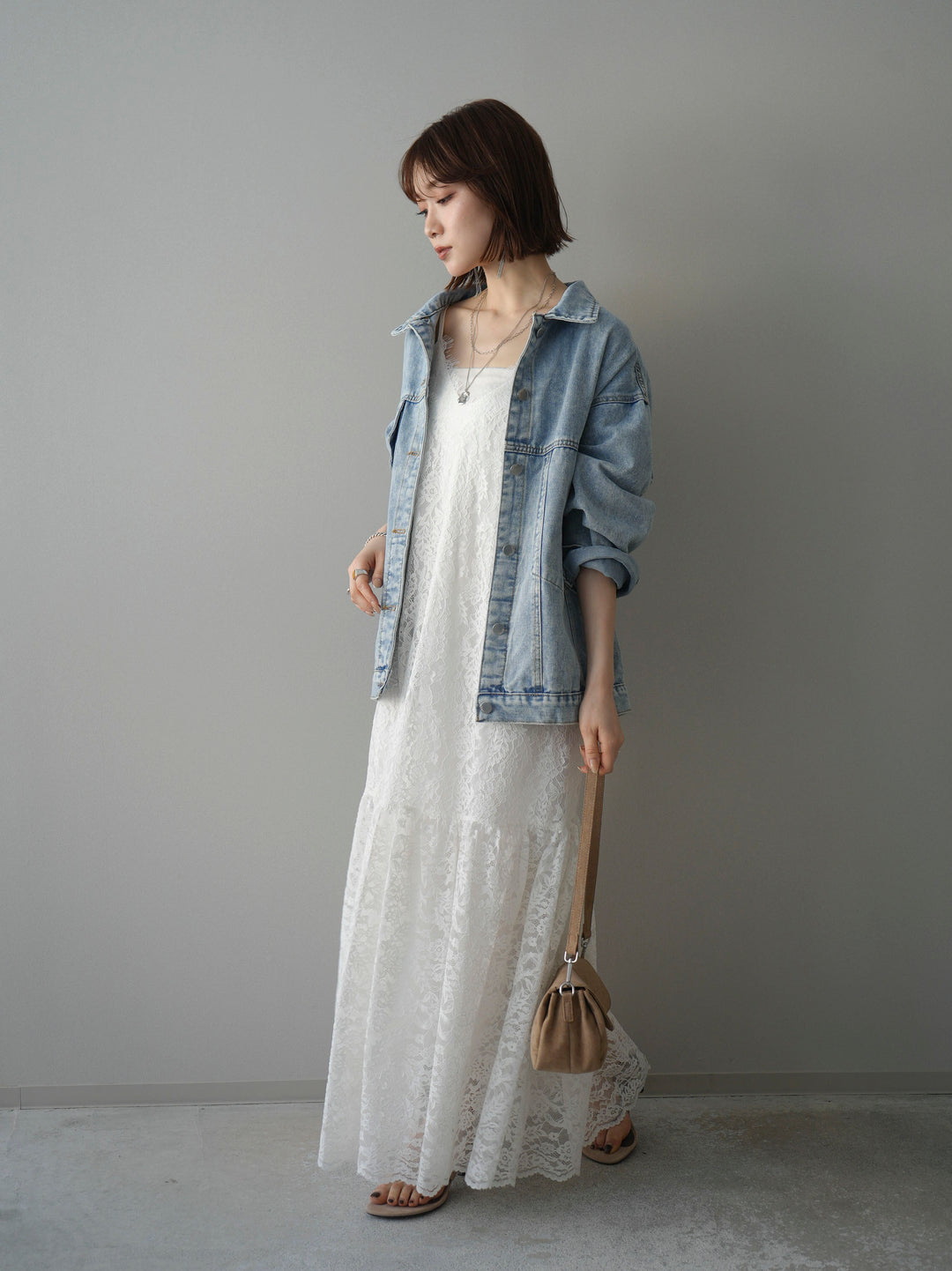 [SET]ギャザー切替レースキャミワンピース+デザインBIGポケットオーバーデニムジャケット(2set)