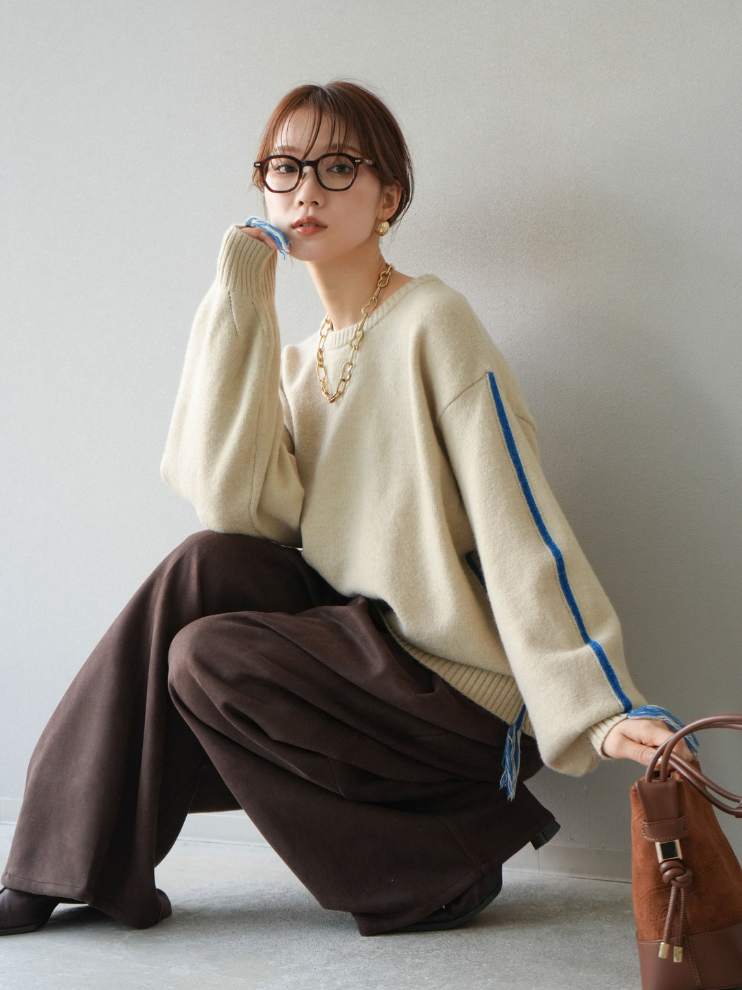 [SET]配色ステッチフリンジニットプルオーバー +スウェードタックワイドパンツ(2set)