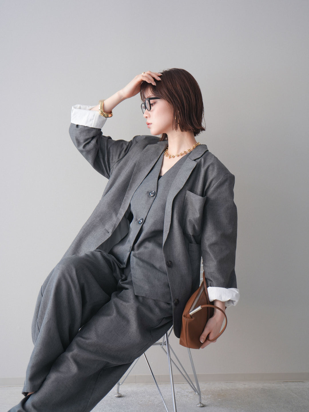 [SET]リネンライクテーラードジャケット+リネンライクバックオープンジレ+リネンライクタックワイドパンツ(3set)