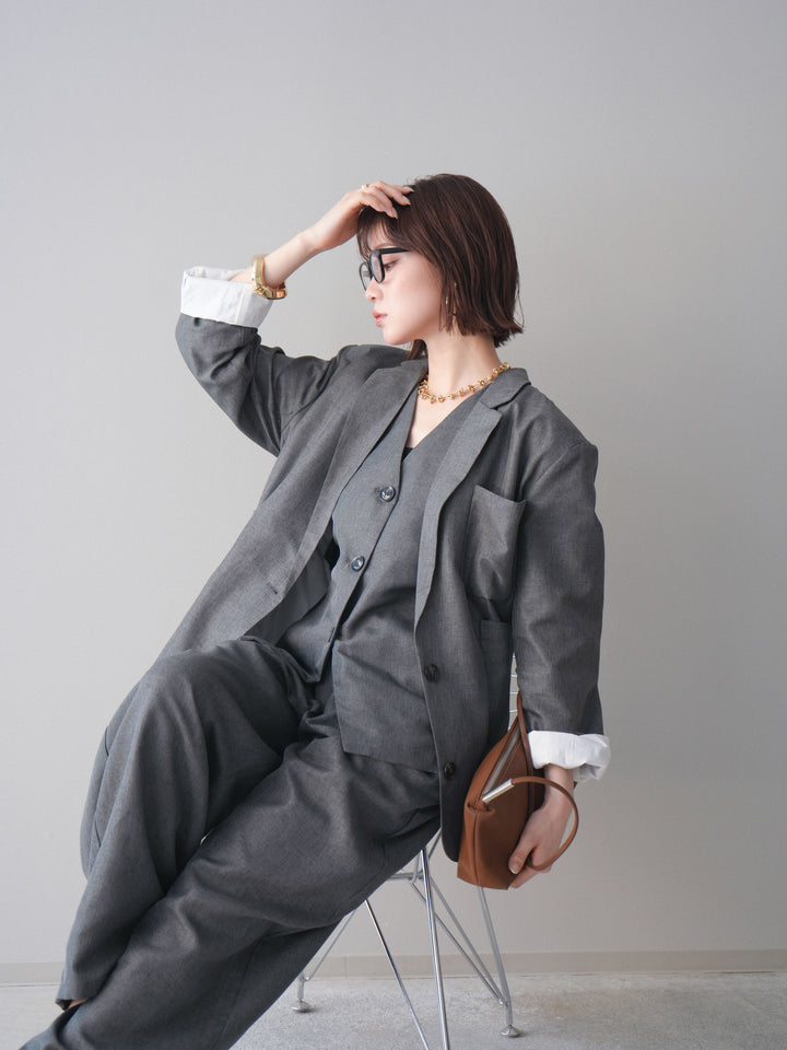 [SET]リネンライクテーラードジャケット+リネンライクバックオープンジレ+リネンライクタックワイドパンツ(3set)