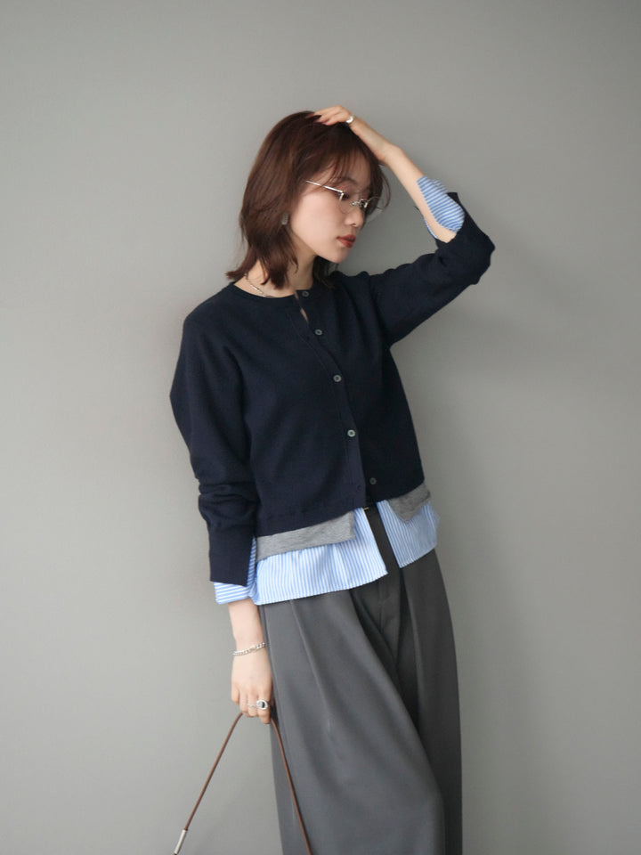 [SET]シャツ襟レイヤードニットカーディガン+ベルトループデザインワイドパンツ(2set)