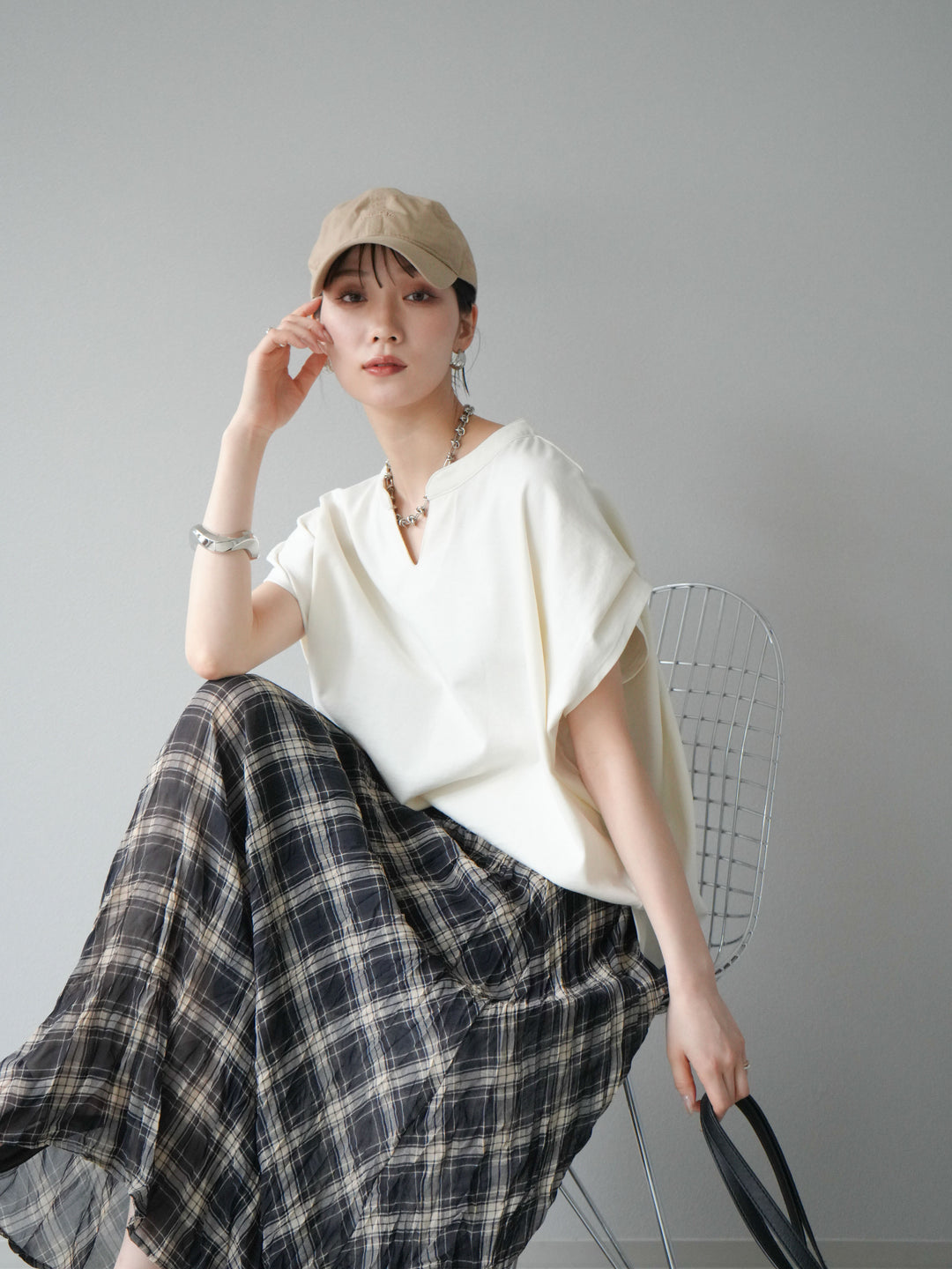 [予約]キーネックドルマンルーズコットンTシャツ/アイボリー