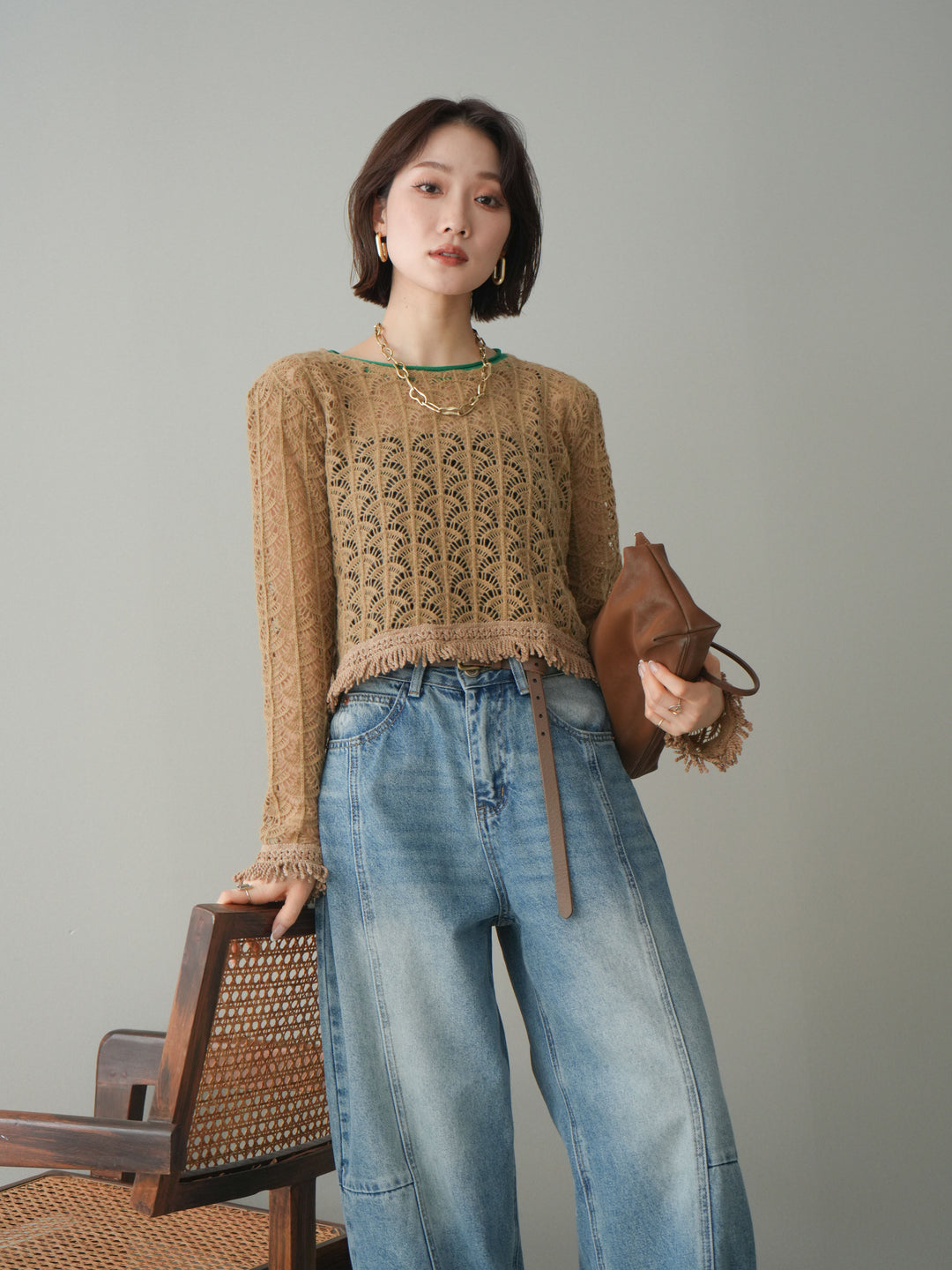 [予約]扇透かし編みクロップドニットプルオーバー/beige