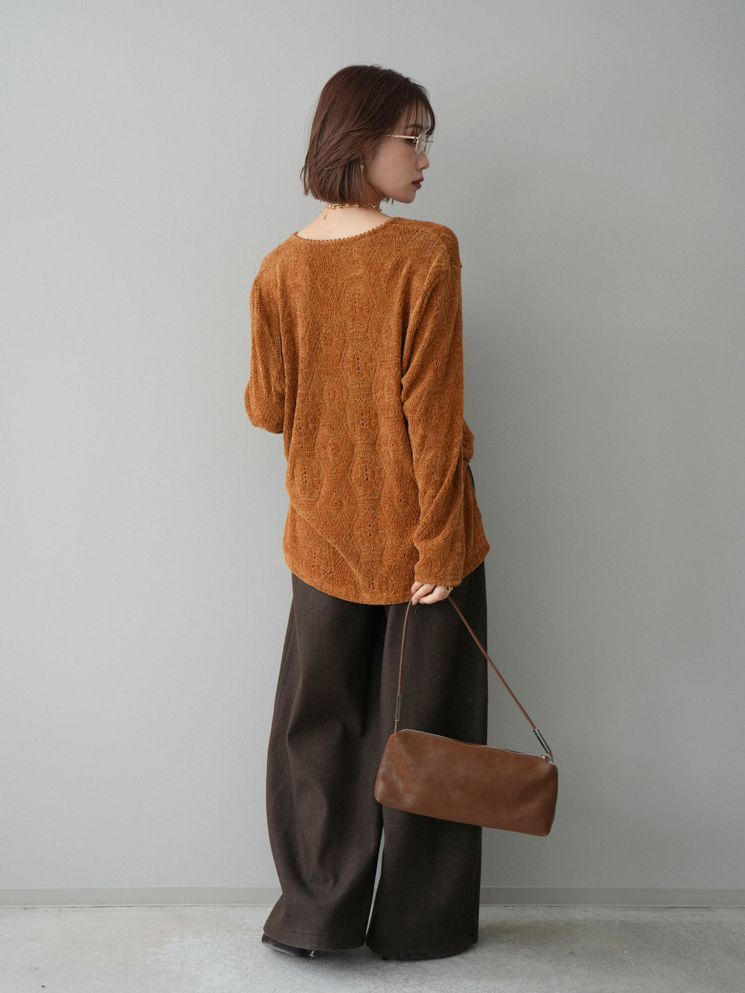 [SET]モール透かし編みニットトップス+アニマル柄ベルト付きウールタッチワイドパンツ(2set)