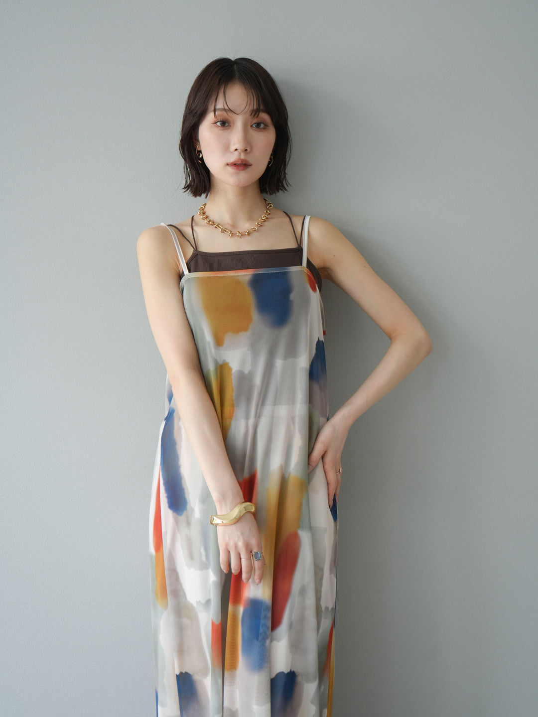 [予約]水彩アートシアーキャミワンピース/オフホワイト