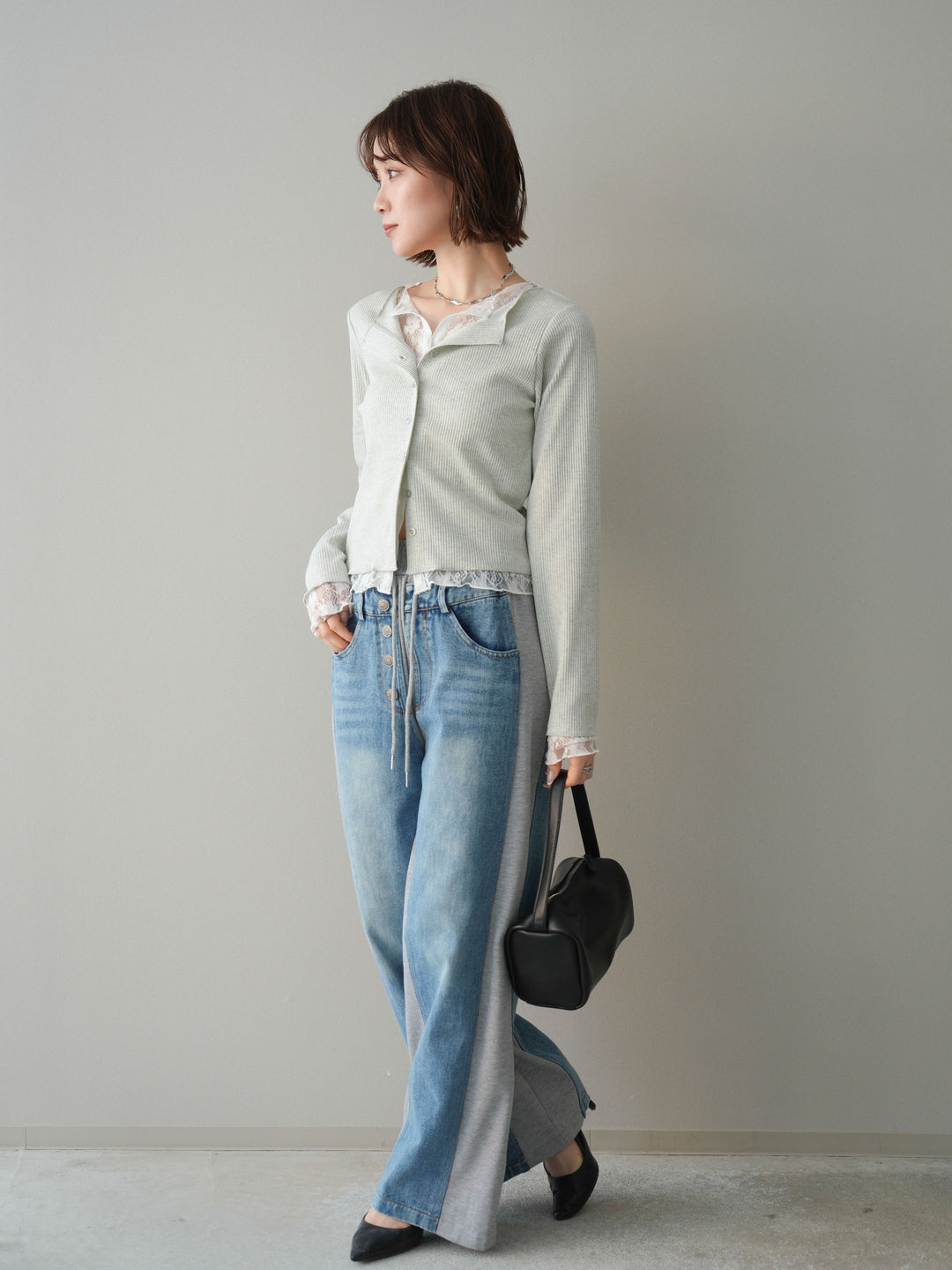 [SET]レースドッキングテレコリブカーディガン+デニム切替スウェットパンツ(2set)