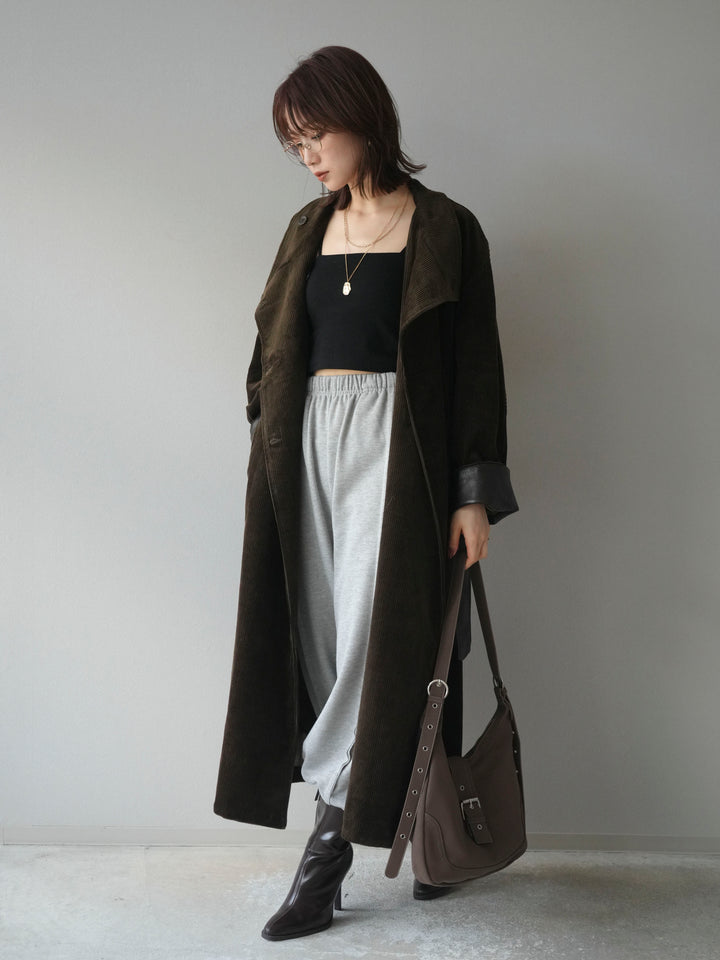[予約]コーデュロイ折り返しレザーロングコート/khaki