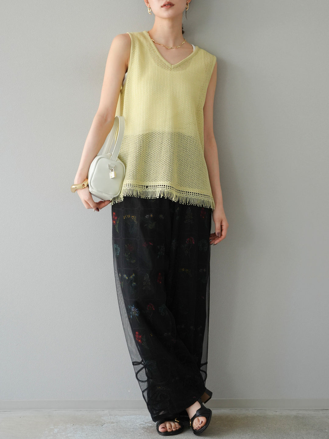 [予約]裾フリンジVネックニットタンクトップアンサンブル/イエロー