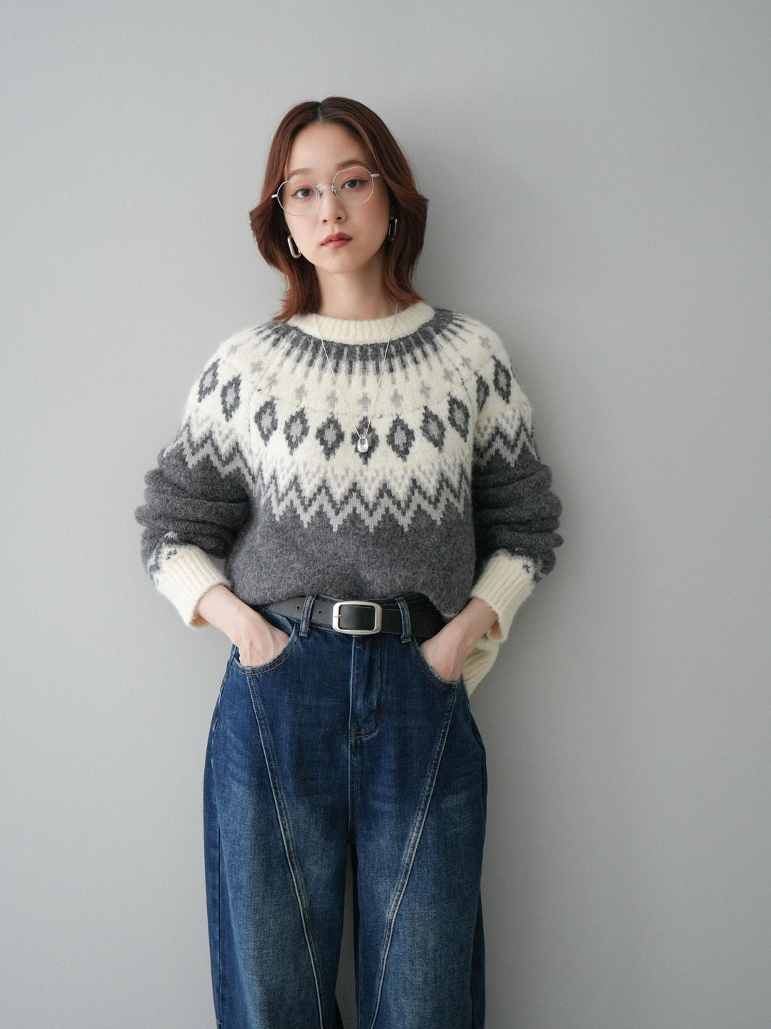 [予約]ノルディック柄ニットプルオーバー/gray