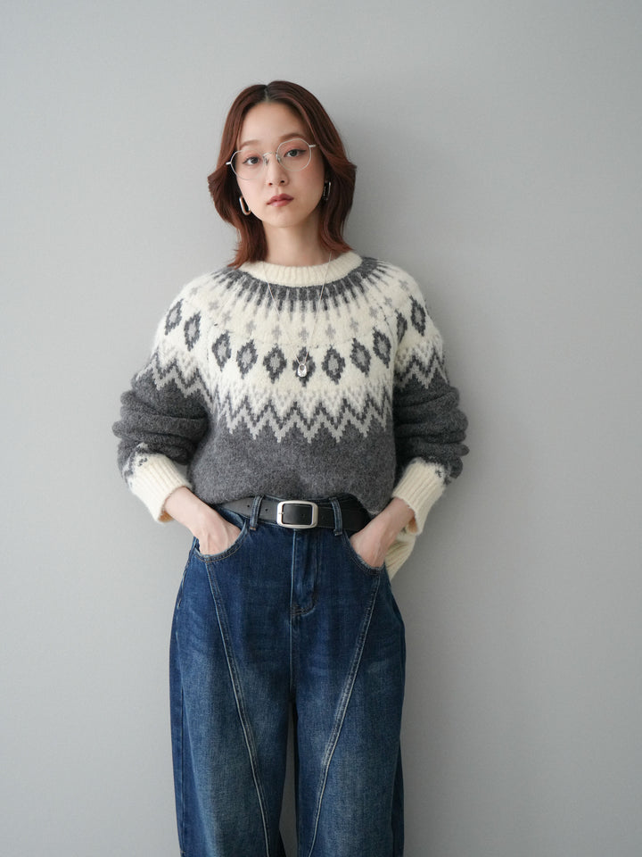 [予約]ノルディック柄ニットプルオーバー/gray