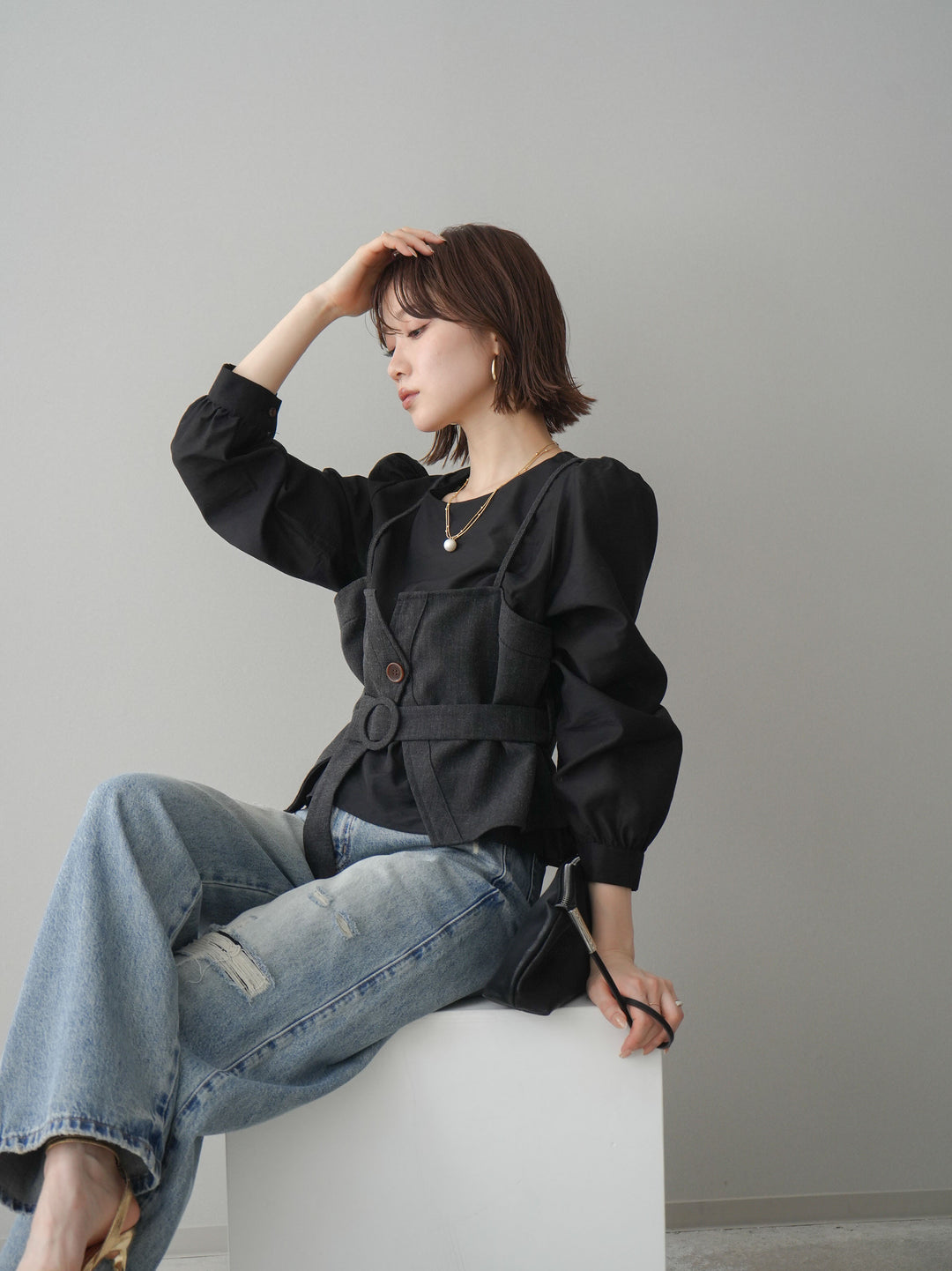 [予約]異素材ビスチェドッキングブラウス/black