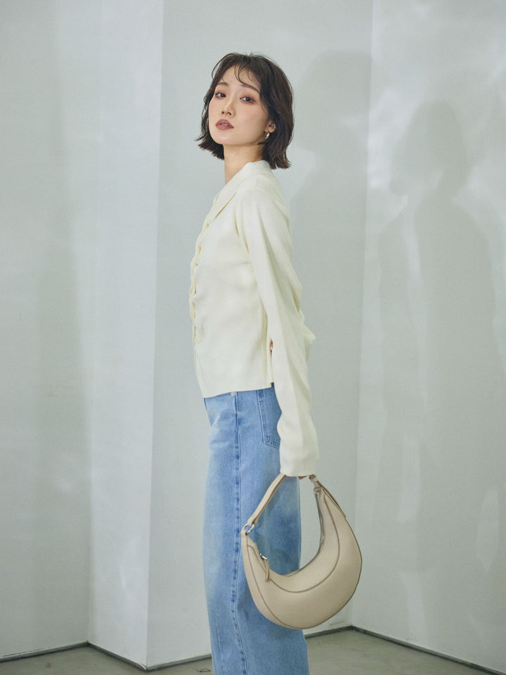 【Allure】[SET]襟付きギャザーニットカーディガン+アシメカーブデニムパンツ(2set)