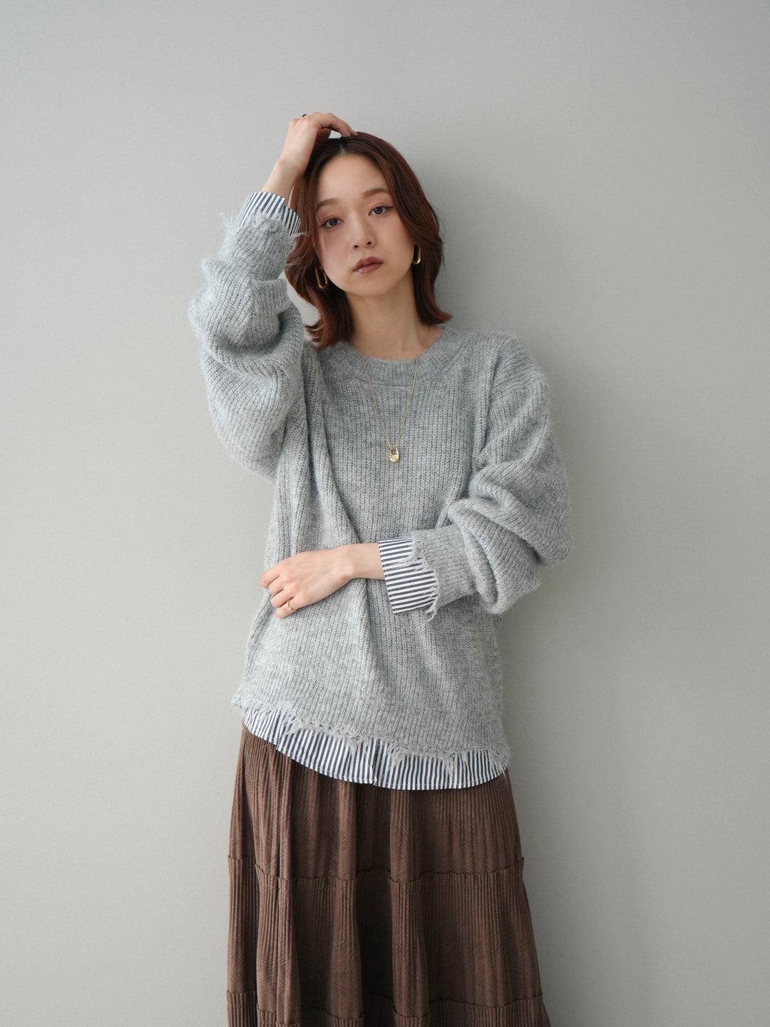 [SET]裾シャツレイヤードダメージニットプルオーバー+ストーンフォークリング(2set)