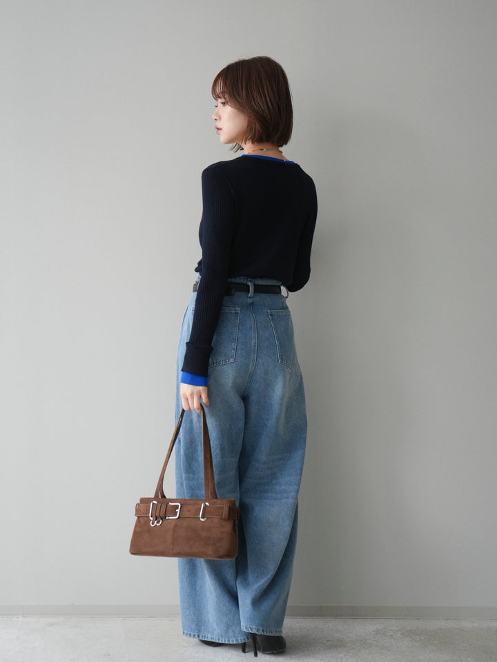 [SET]バイカラーキーネックリブニットトップス+ハイウエストベルトループデザインデニムパンツ(2set)
