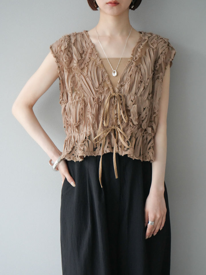 [予約]ジャガードレースリボントップス/ベージュ