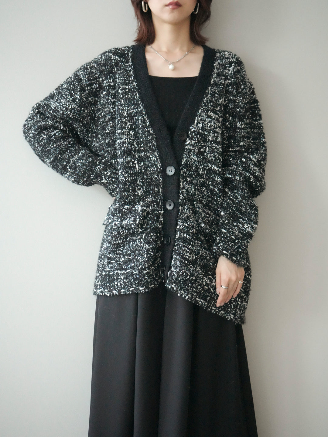 [SET]モールネップニットカーディガン+テープベルトタックバギーパンツ(2set)