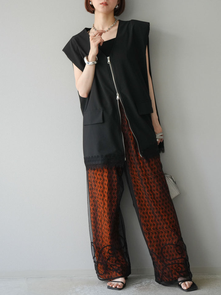 [予約]レーヨンフレックススラブウェーブ柄ストレートパンツ/オレンジ