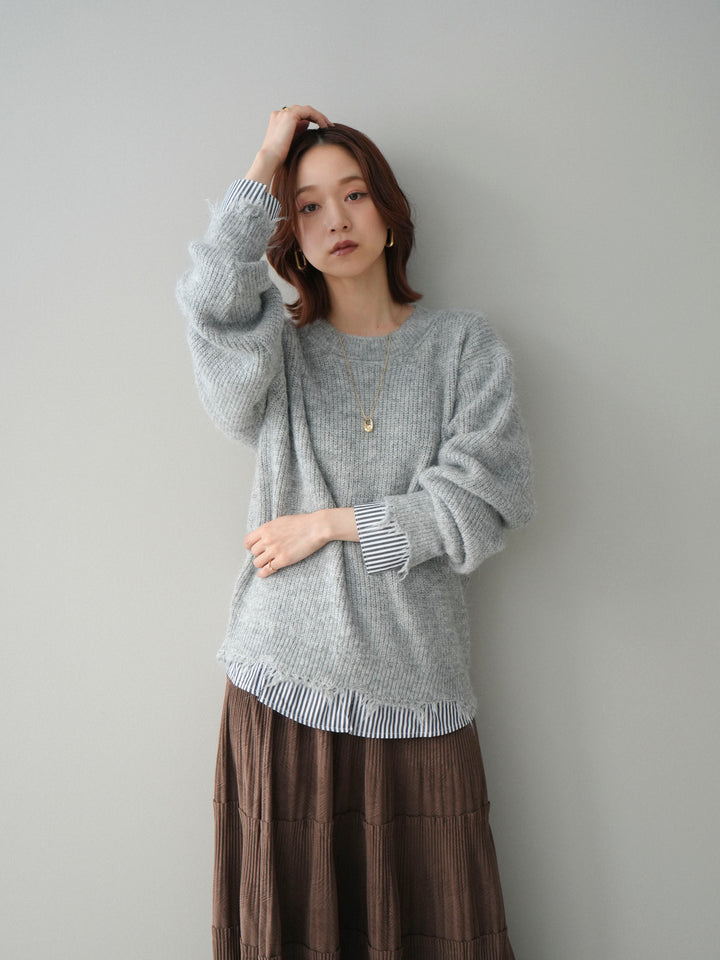 [SET]裾シャツレイヤードダメージニットプルオーバー+裾シャツレイヤードダメージニットプルオーバー(2set)