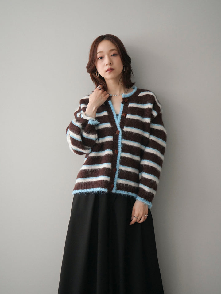 [SET]ウールタッチ配色ボーダーニットカーディガン+テープベルトタックバギーパンツ(2set)