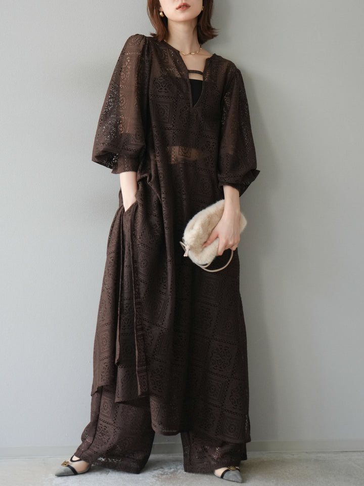 [予約]ブロックレースボリュームスリーブワンピース/ブラウン