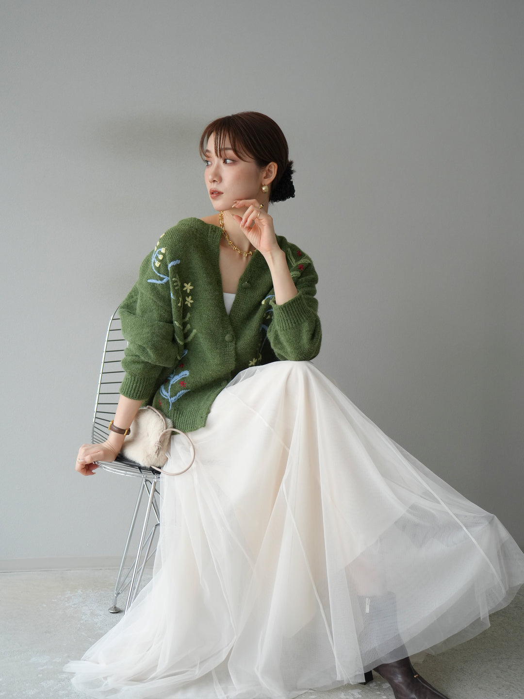 [予約]フラワー刺繍ニットカーディガン/グリーン