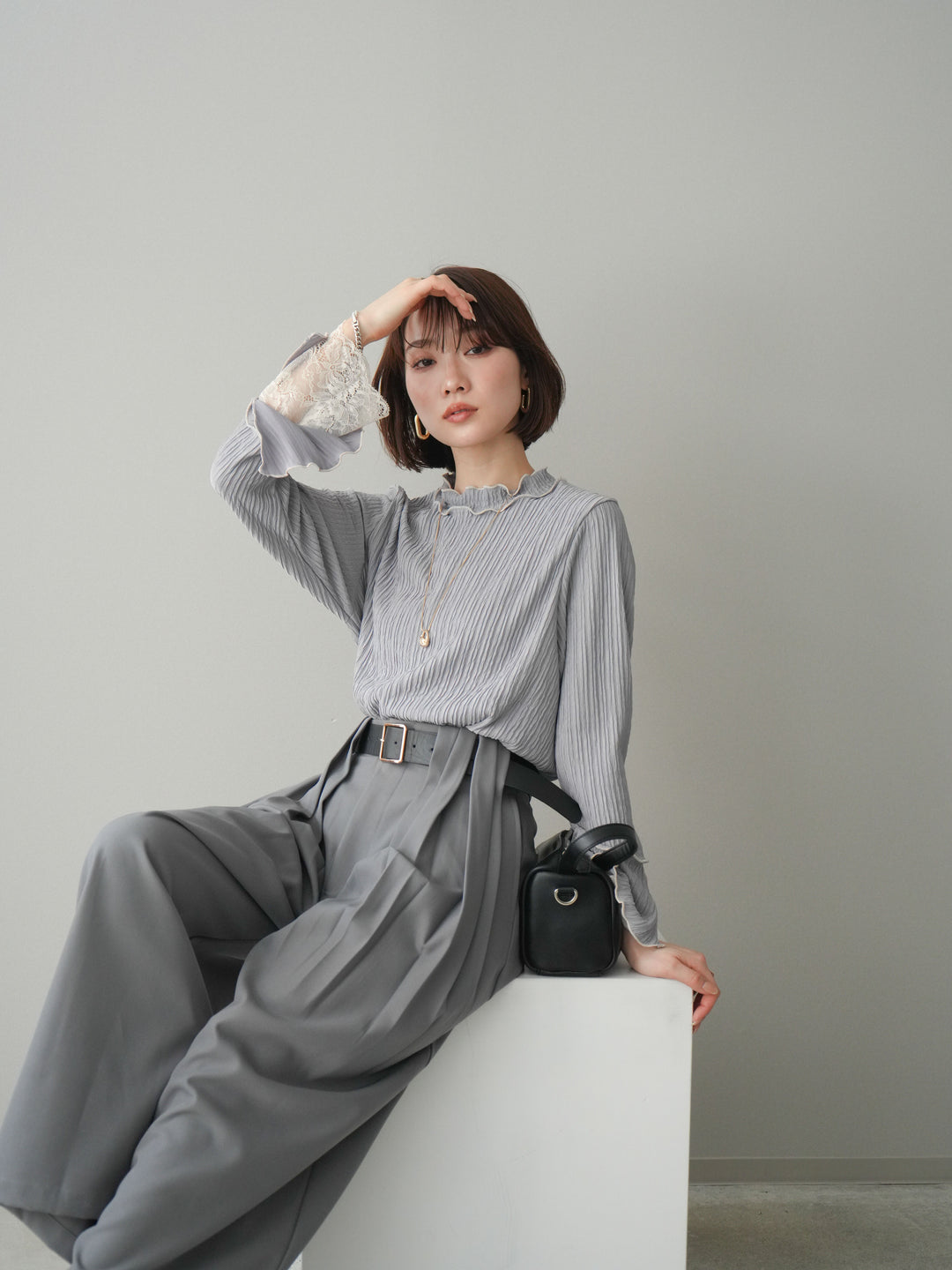 [予約]袖レース楊柳メロートップス/lightgray