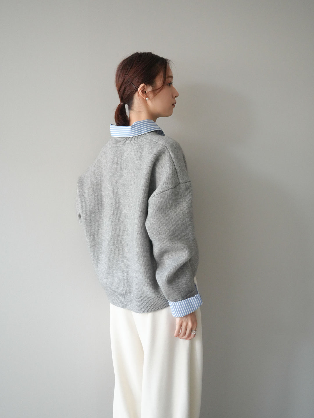 [SET]2WAYストライプ襟ニットプルオーバー+編み込みベルト付きウエスト配色スエットパンツ(2set)