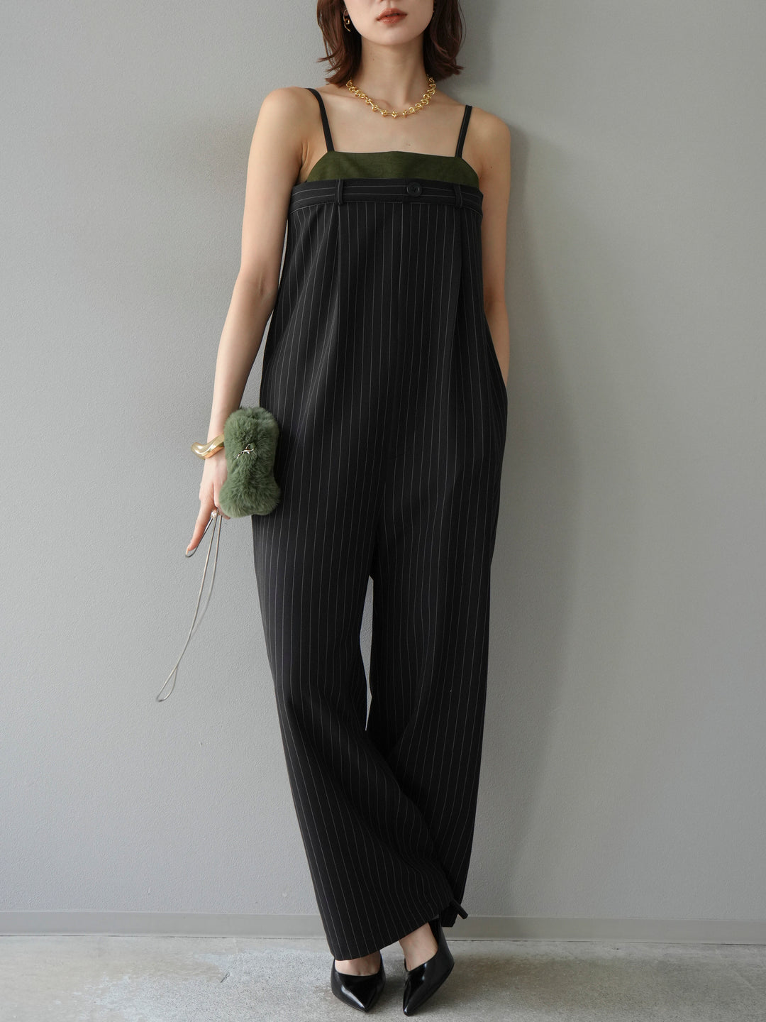 [予約]サテン切替ピンストライプサロペット/ブラック