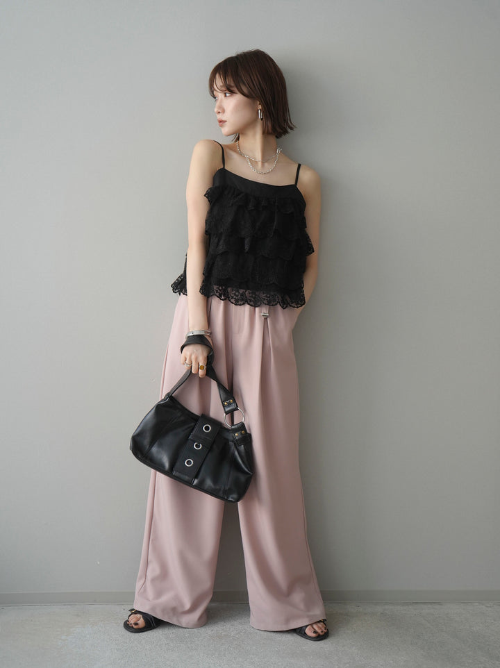 [SET]スカラップレースフリルキャミソール+ベルト付キーホルダーモチーフワイドパンツ(2set)