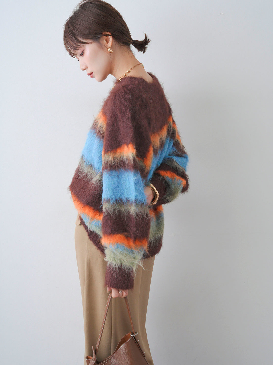[予約]カラフルボーダーシャギーニットプルオーバー/brown