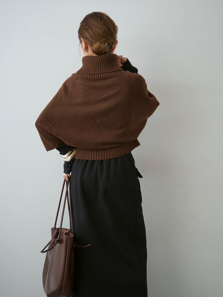 [予約]ハイネックケーブルケープニットトップス/brown
