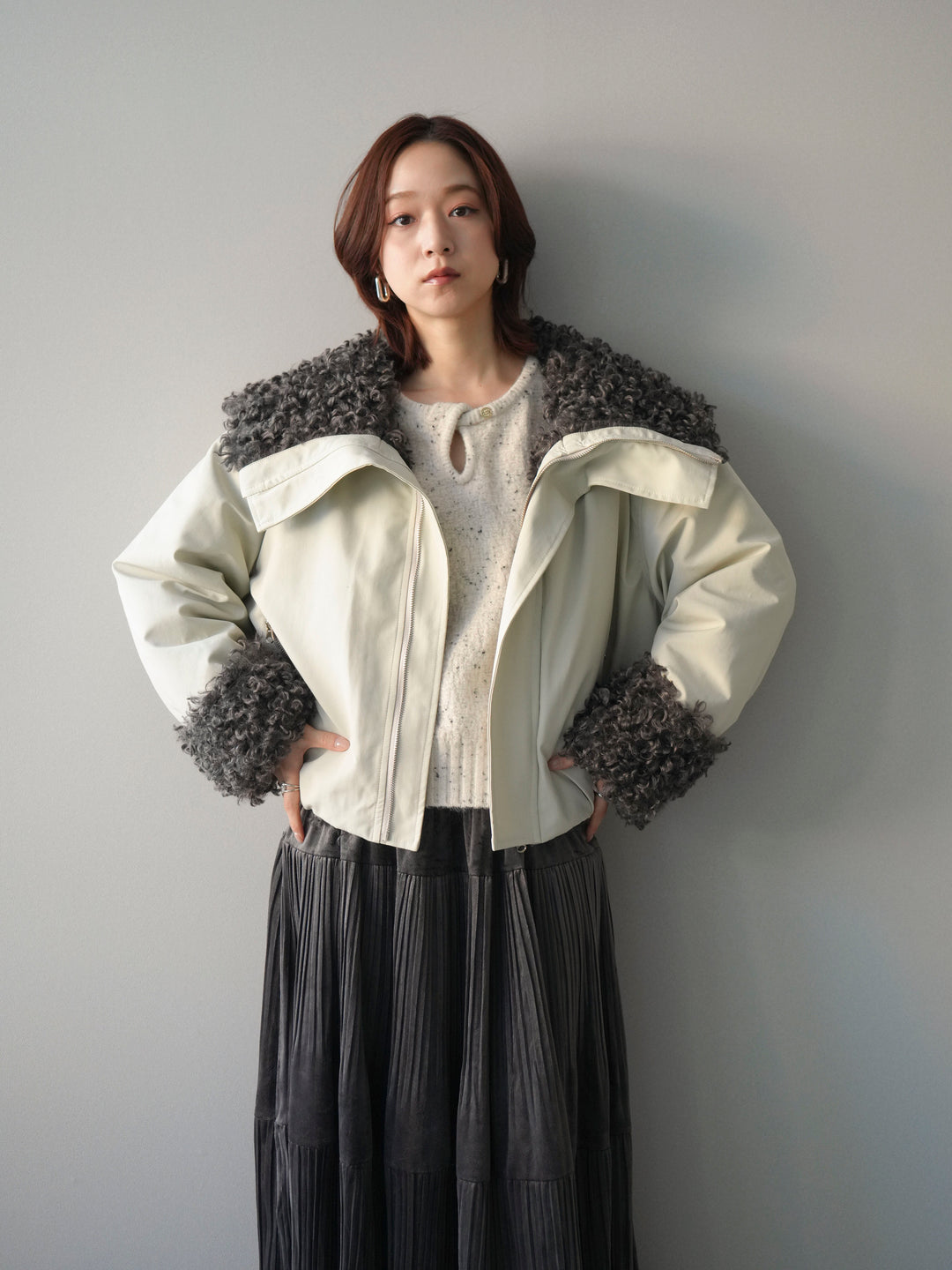 [SET]プードルファーダウンジャケット+ベロアティアードワッシャースカート(2set)