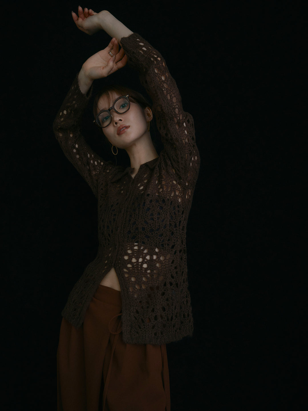 【Allure】[SET]ローゲージ透かし編みポロニッカーディガン+ローゲージ透かし編みポロニッカーディガン(2set)