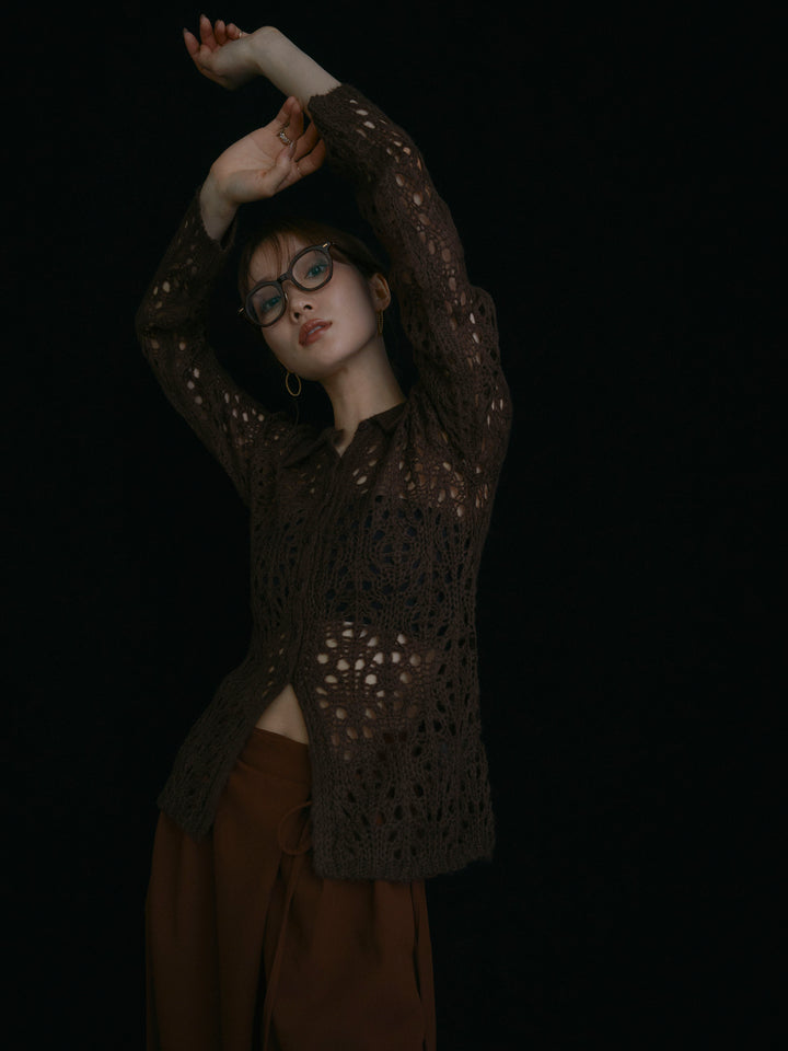 【Allure】[SET]ローゲージ透かし編みポロニッカーディガン+ローゲージ透かし編みポロニッカーディガン(2set)