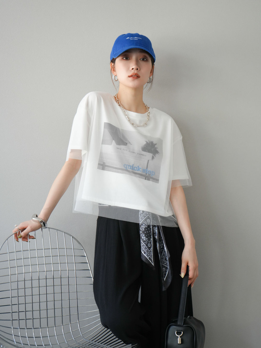 [予約]チュールドッキングフォトTシャツ/オフホワイト×ブルー