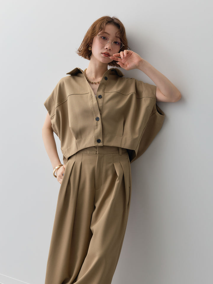 【套裝】縐綢燈籠無袖襯衫 + 縐綢闊腿褲（兩件套）