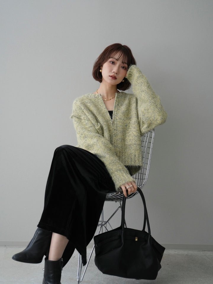 [SET]ミックスヤーンダブルZIPニットカーディガン+ギャザーベロアスカート(2set)