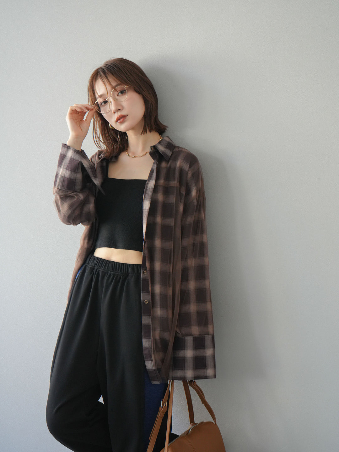 [套裝] 薄紗對接格紋寬鬆襯衫 + 牛仔布 Switch 2-Way 設計運動褲 (2 套)