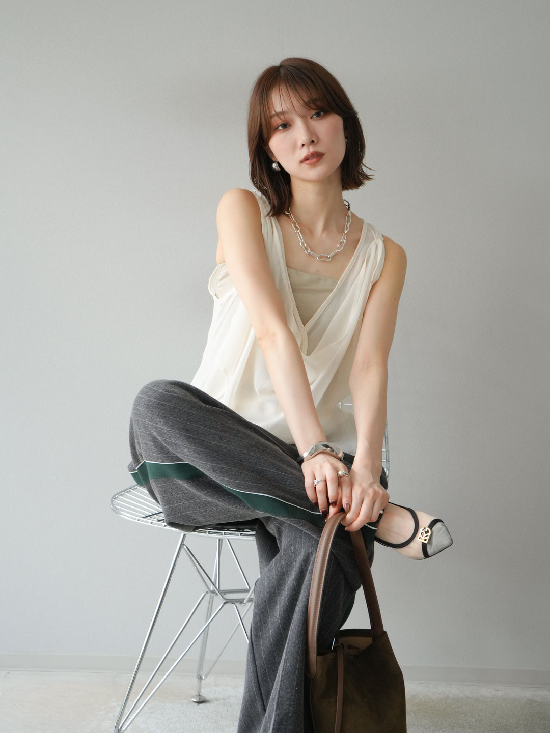 [予約]サイドラインストライプワイドパンツ/チャコール