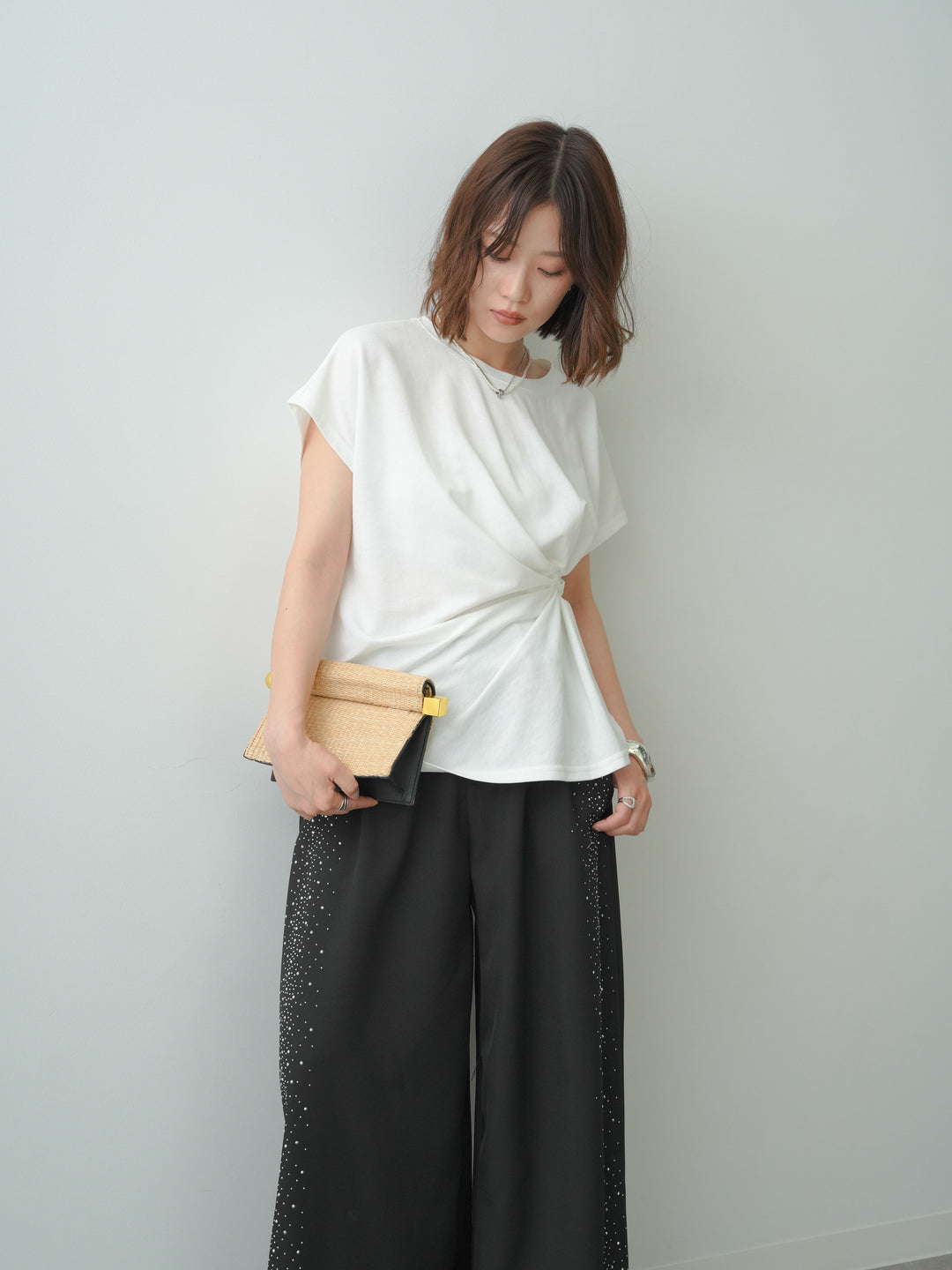 [SET]サイドノットTEE+ポーチベルト付サイドビジュータックワイドパンツ(2set)