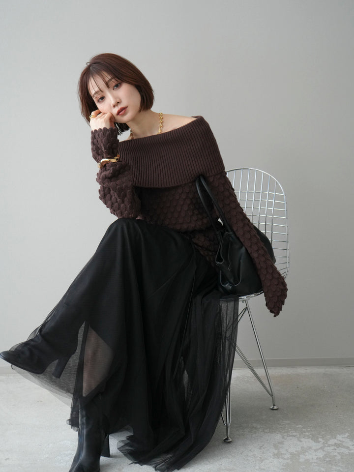 [予約]ポコポコ編みオフショルニットプルオーバー/brown