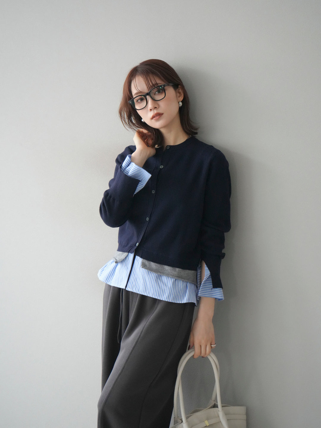 [予約]シャツ襟レイヤードニットカーディガン/navy