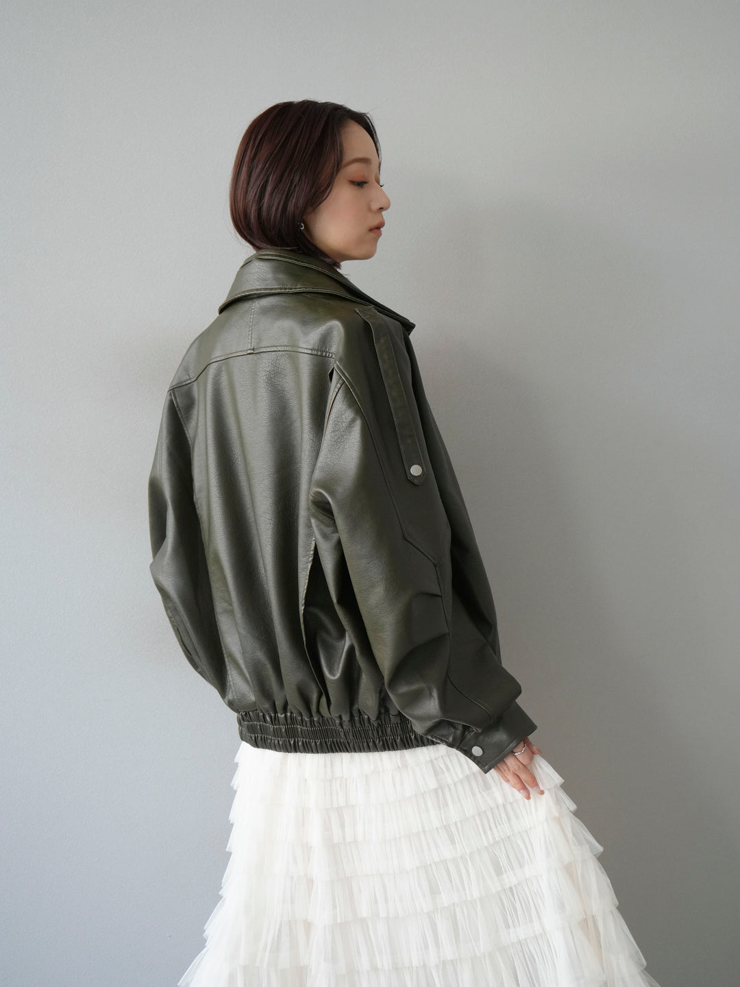 [予約]スタンドカラーフェイクレザーブルゾン/カーキ