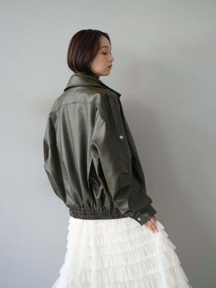 [予約]スタンドカラーフェイクレザーブルゾン/カーキ