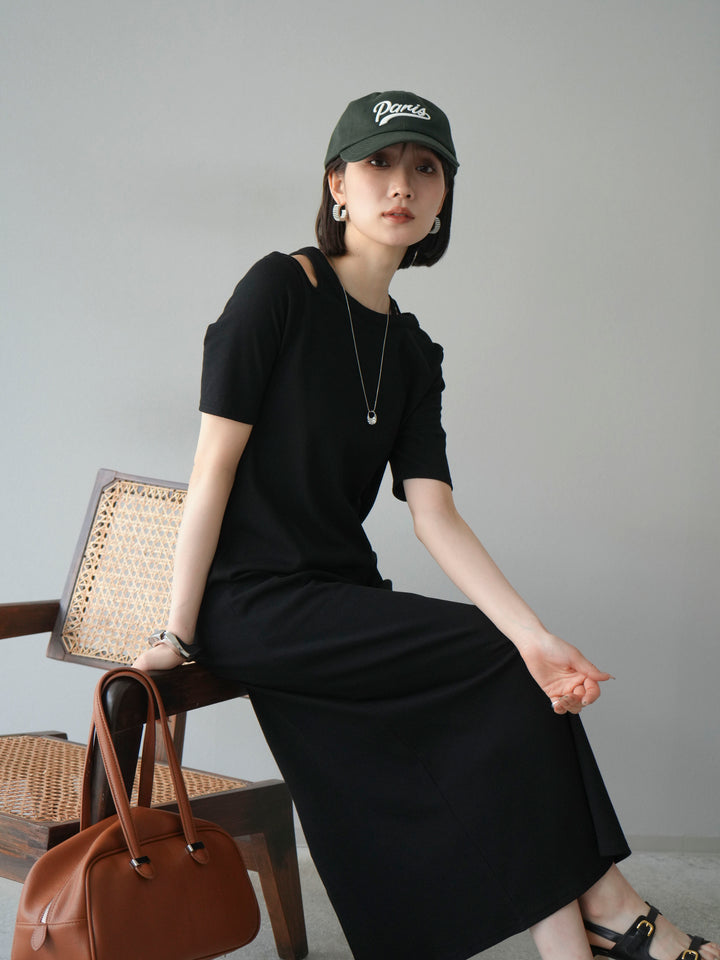 [予約]デザインネックカットリブワンピース/ブラック